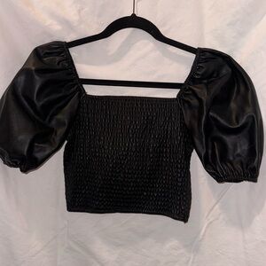 Leather Black Top with Puff Sleeves